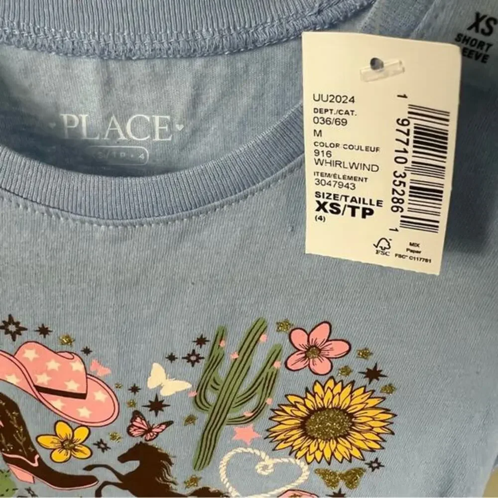 NWT The Children’s Place Girls XS Blue Cowgirl Graphic Tee Horse Western Cowgirl